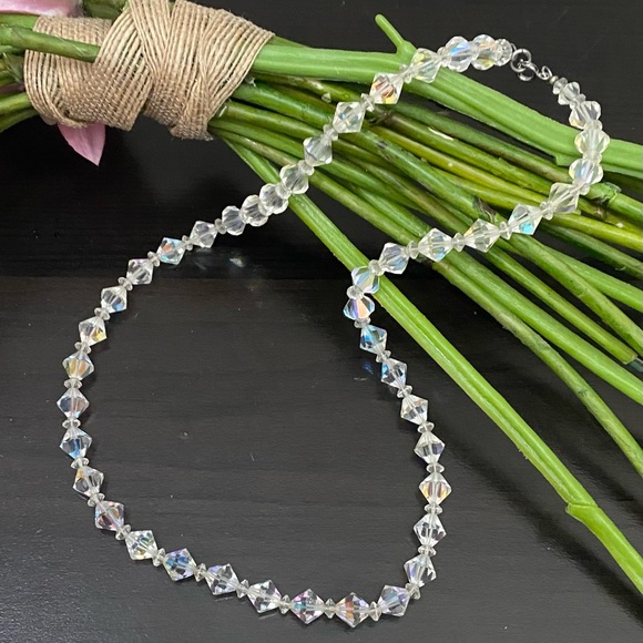 Vintage Clear Aurora Borealis AB Crystal  Diamond-shaped Beaded Necklace - Picture 1 of 11
